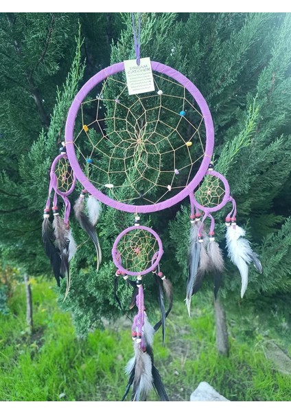 Düş Rüya Kapanı Doğal Taş Makrome Dreamcatcher Kuş Tüyü Renkli Boncuk Duvar Süsü Mor Renk