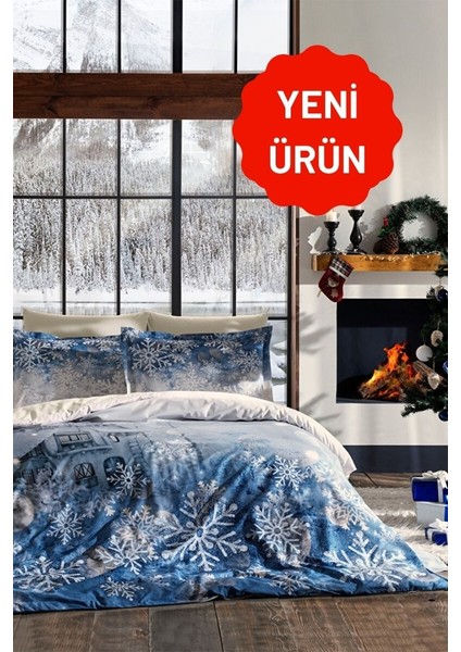 Snowflake Mavi Çift Kişilik Nevresim Takımı 4 Yastıklı
