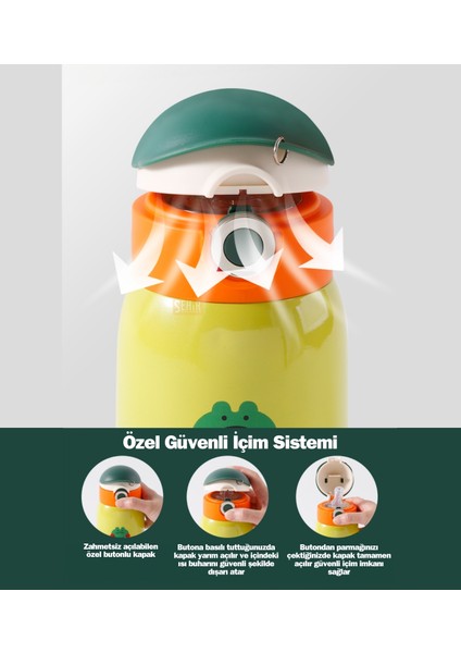 Cocosmile 470ML Sevimli Ses Çıkaran Kılıflı Pipetli Askılı Çelik Termos Çocuk Matarası