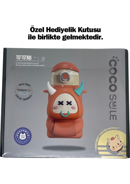 Cocosmile 470ML Sevimli Hayvanlar Kılıflı Pipetli Askılı Çelik Termos Çocuk Matarası