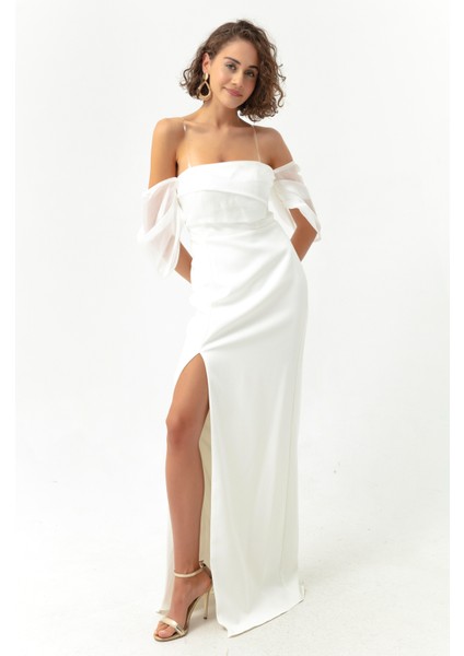 Kadın Beyaz Prenses Kol Organze Uzun Abiye Elbise