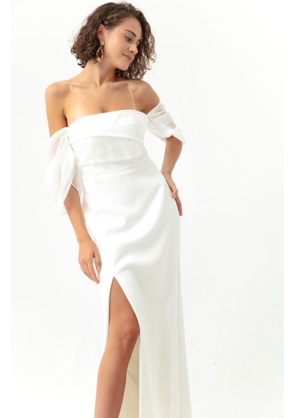 Kadın Beyaz Prenses Kol Organze Uzun Abiye Elbise fiyatları