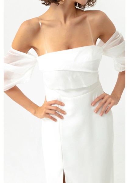 Kadın Beyaz Prenses Kol Organze Uzun Abiye Elbise modelleri