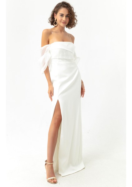 Kadın Beyaz Prenses Kol Organze Uzun Abiye Elbise fırsatları