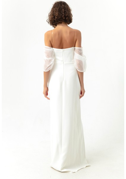 Kadın Beyaz Prenses Kol Organze Uzun Abiye Elbise indirimleri