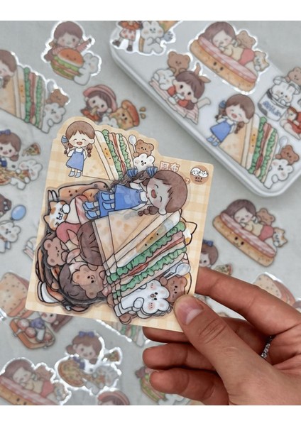 Sevimli Kız ve Sevimli Dostları Büyük Boy 27 Adet Şeffaf Sarı Paket Pet Sticker Çıkartma