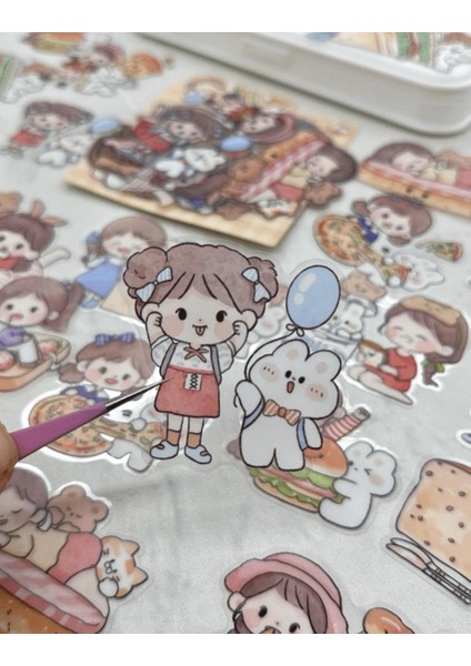 Sevimli Kız ve Sevimli Dostları Büyük Boy 27 Adet Şeffaf Sarı Paket Pet Sticker Çıkartma