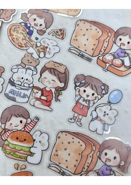 Sevimli Kız ve Sevimli Dostları Büyük Boy 27 Adet Şeffaf Sarı Paket Pet Sticker Çıkartma