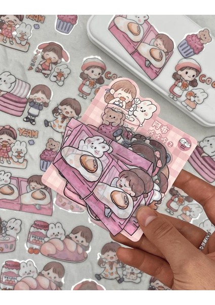 Sevimli Kız ve Sevimli Dostları Büyük Boy 27 Adet Şeffaf Pembe Paket Pet Sticker Çıkartma