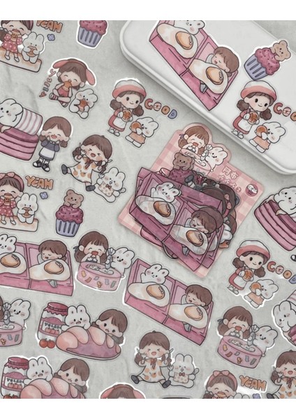 Sevimli Kız ve Sevimli Dostları Büyük Boy 27 Adet Şeffaf Pembe Paket Pet Sticker Çıkartma