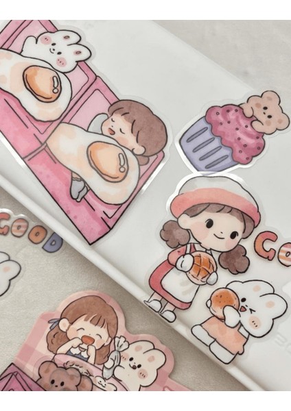 Sevimli Kız ve Sevimli Dostları Büyük Boy 27 Adet Şeffaf Pembe Paket Pet Sticker Çıkartma