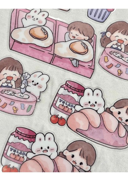 Sevimli Kız ve Sevimli Dostları Büyük Boy 27 Adet Şeffaf Pembe Paket Pet Sticker Çıkartma