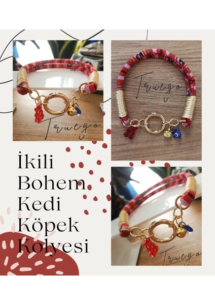 Ikili Kedi Köpek Boyun Tasması Bohem Kedi Kolyesi Yaylı Kilit - Kırmızı fiyatları