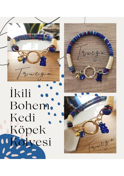 İkili Kedi Köpek Boyun Tasması Bohem Kedi Kolyesi Yaylı Kilit - Mavi fiyatları