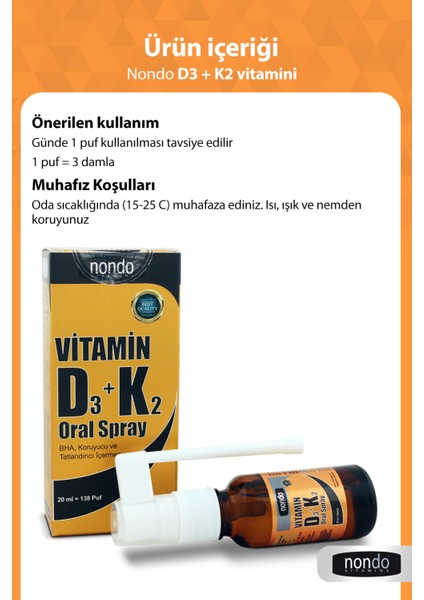 D3 ve K2 Vitamini Oral Sprey 20 ml 138 Puf