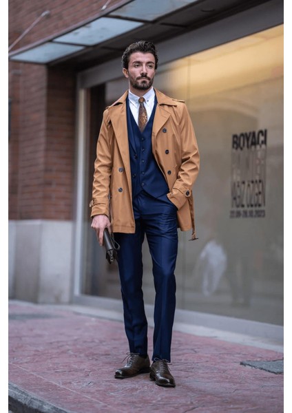 Florina Camel Trençkot Uzun Kol Düz Desenli Erkek Midi Kaban Şık ve Modern Tasarım