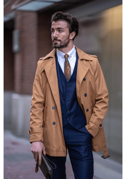 Florina Camel Trençkot Uzun Kol Düz Desenli Erkek Midi Kaban Şık ve Modern Tasarım fiyatları