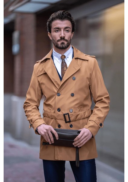 Florina Camel Trençkot Uzun Kol Düz Desenli Erkek Midi Kaban Şık ve Modern Tasarım modelleri