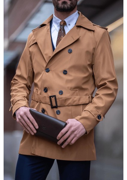 Florina Camel Trençkot Uzun Kol Düz Desenli Erkek Midi Kaban Şık ve Modern Tasarım indirimleri
