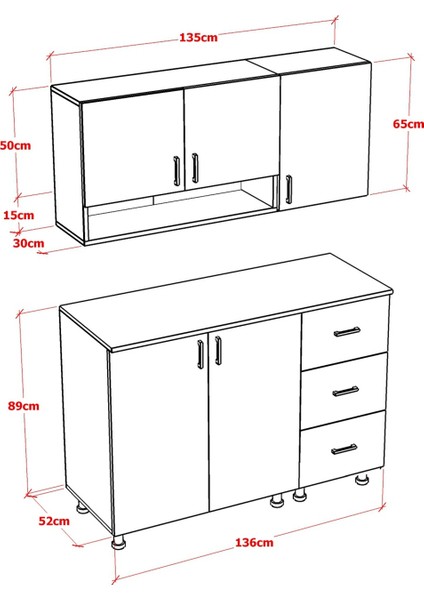 Kita Mutfak Dolabı Alt Üst Modül Çekmeceli 135 cm (Tezgah Dahil)