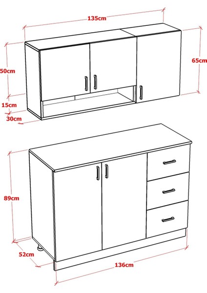 Aster Mutfak Dolabı Alt Üst Modül 135CM Çekmeceli (Tezgah Dahil)
