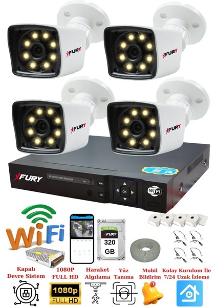 4 Kamera 5mp Lens 1080P 2mp Color Görüntü 8 Warm LED Gece Görüş Fullhd Güvenlik Kamera Sistemi 5525W 320GB