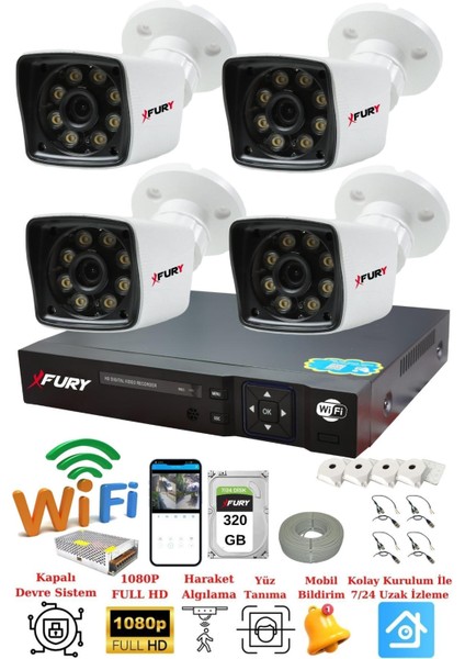 4 Kamera 5mp Lens 1080P 2mp Color Görüntü 8 Warm LED Gece Görüş Fullhd Güvenlik Kamera Sistemi 5525W 320GB