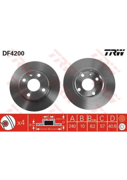 DF4200 Fren Dıskı Arka Corsa C 00- Uyumlu Combo 00- Tıgra B 04- Düz 240MM