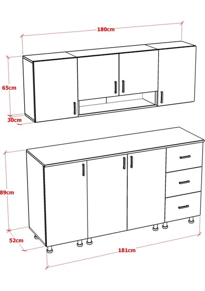 Loya Mutfak Dolabı Alt Üst Modül 180 cm Çekmeceli (Tezgah Dahil)