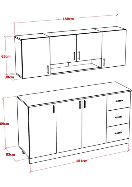 Lart Mutfak Dolabı Alt Üst Modül Çekmeceli 180 cm (Tezgah Dahil)