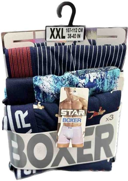 3 Lü Erkek Belikemerli Desenli Pamuklu Esnek Kumaş Boxer