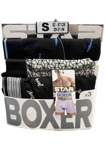 3 Lü Erkek Belikemerli Desenli Pamuklu Esnek Kumaş Boxer