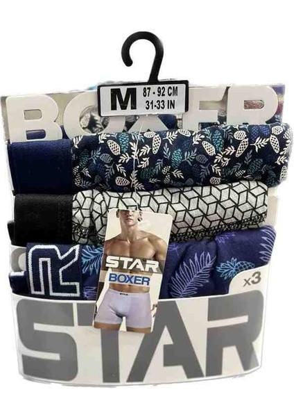 3 Lü Erkek Belikemerli Desenli Pamuklu Esnek Kumaş Boxer