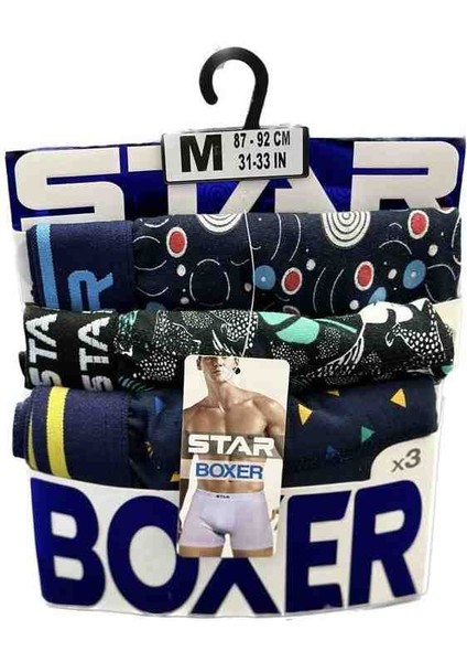 3 Lü Erkek Belikemerli Desenli Pamuklu Esnek Kumaş Boxer
