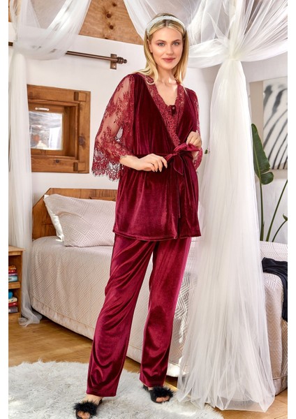 24161 Kadife 3'lü Bordo Hamile Pijama Takım