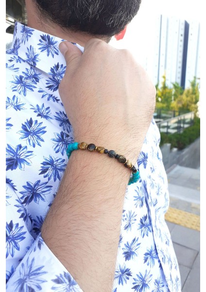 Mavi Havlit Kaplan Gözü Hematit Doğal Taş Zirkon Taşlı Çelik Obje Bileklik