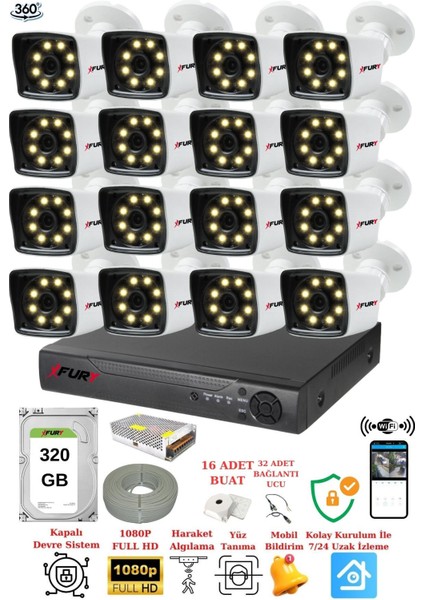 16 Kameralı 5mp Lens 1080P 2mp Color Görüntü 8 Warm LED Gece Görüş Fullhd Güvenlik Kamera 5525W 320