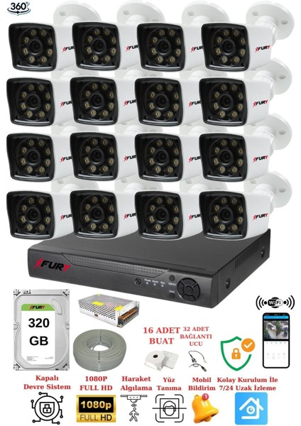 16 Kameralı 5mp Lens 1080P 2mp Color Görüntü 8 Warm LED Gece Görüş Fullhd Güvenlik Kamera 5525W 320