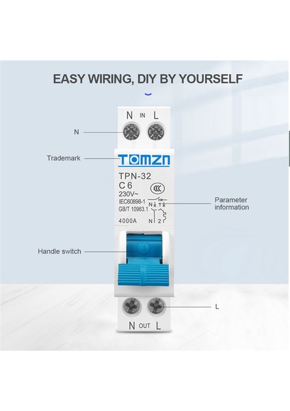 Tomzn Tpn 1p+N Mini Devre Kesici Mcb 6A Din Ray Montaj Minyatür Ev Hava Anahtarı (Yurt Dışından) fiyatları