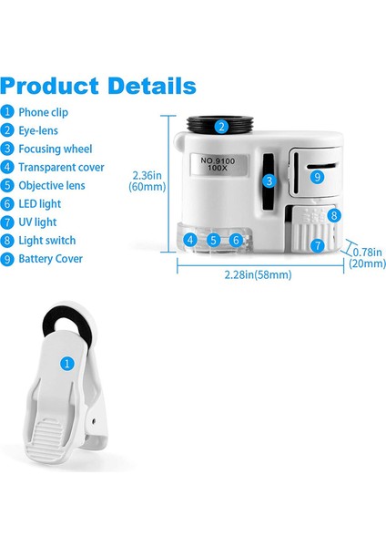 Adet 100X Zoom Klipsli Mikroskop, LED Işık, Taşınabilir Büyüteç Büyüteç Cep Büyüteç Lens Camı (Yurt Dışından) fırsatları
