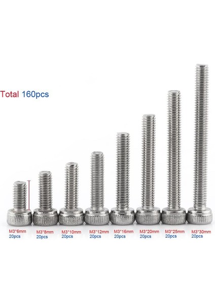 160 Altıgen Başlı Vidalar 304 Paslanmaz Çelik Metrik Dişli Iç Altıgen M3 x 6 8 10 12 16 20 25 30 mm (Yurt Dışından)