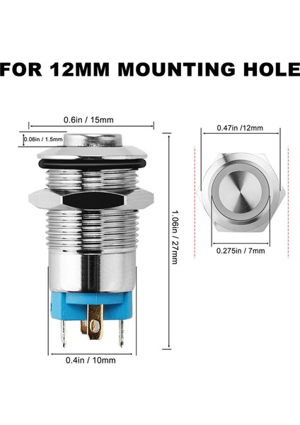 10 Adet 12MM Mandallama Basmalı Düğme Anahtarı Yüksek Yuvarlak Kapak, Su Geçirmez Metal Basmalı Düğme Anahtarı ile 12V/24V Mavi Işık (Yurt Dışından) fiyatları