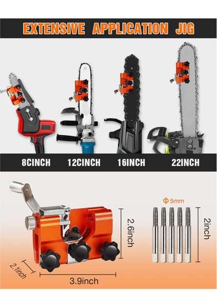 Testere Bileyici Jig, Zincirli ve Elektrikli Testereler Için 5 Bileme Çubuklu Taşınabilir Testere Zinciri Bileme Seti (Yurt Dışından)