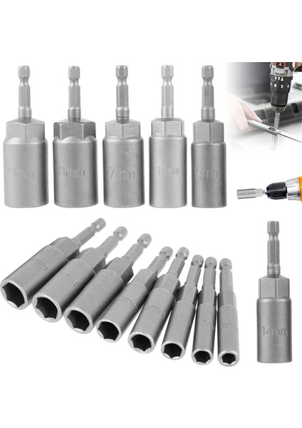 14 Adet Altıgen Soket Seti, 6-19MM Derin Soket Adaptör Kiti Hex Shank Somun Sürücü Uçları Seti Hızlı Değişim Somun Ayarlayıcı (Yurt Dışından)