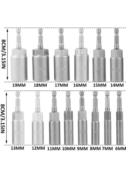 14 Adet Altıgen Soket Seti, 6-19MM Derin Soket Adaptör Kiti Hex Shank Somun Sürücü Uçları Seti Hızlı Değişim Somun Ayarlayıcı (Yurt Dışından)