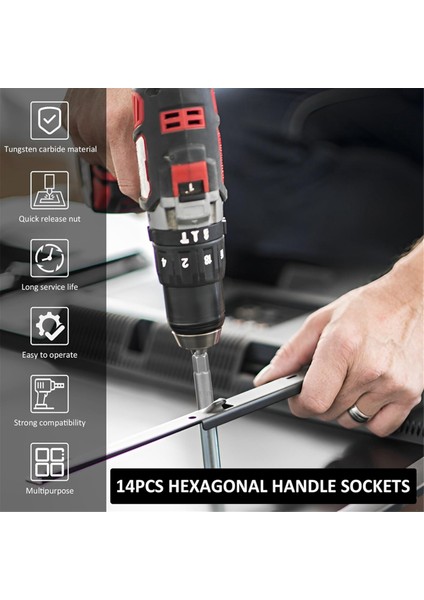 14 Adet Altıgen Soket Seti, 6-19MM Derin Soket Adaptör Kiti Hex Shank Somun Sürücü Uçları Seti Hızlı Değişim Somun Ayarlayıcı (Yurt Dışından)