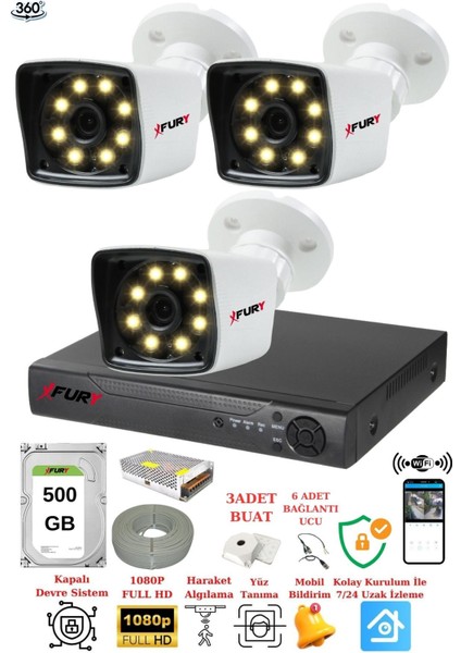 3 Kameralı 5mp Lens 1080P 2mp Colorgörüntü 8 Warm LED Gece Görüş Fullhd Güvenlik Kamera 5525W 500GB