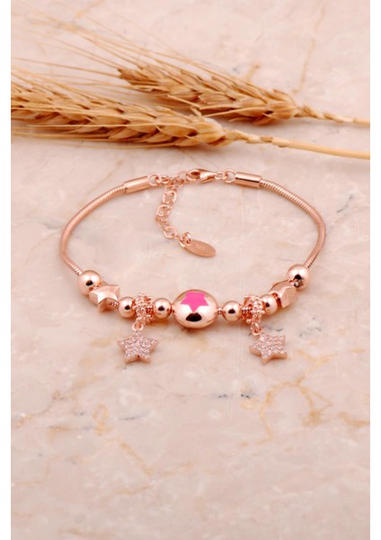 Pembe Mineli Yıldız Tasarımlı Rose Gümüş Şans Bileklik 4502