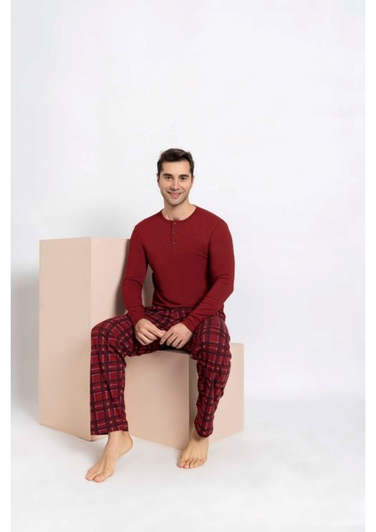 Erkek Bordo Ekose Modal Uzun Kol Cepli Eş Sevgili Çift Pijama Takımı-tek Ürün Fiyatı-sevgililer Günü