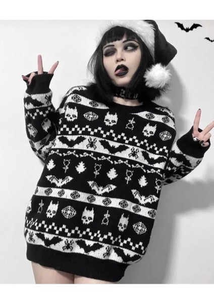 Gotik Punk Christmas Yılbaşı Noel Yarasalı Triko Kazak